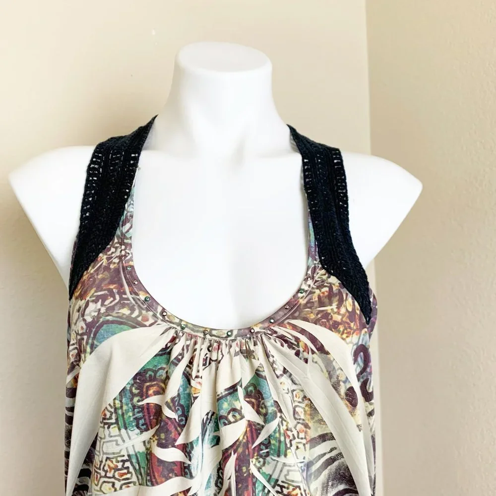 Live and Let Live | Women's Multicolor Black Lace Boho Tank Top | Size: L - Picture 2 of 8